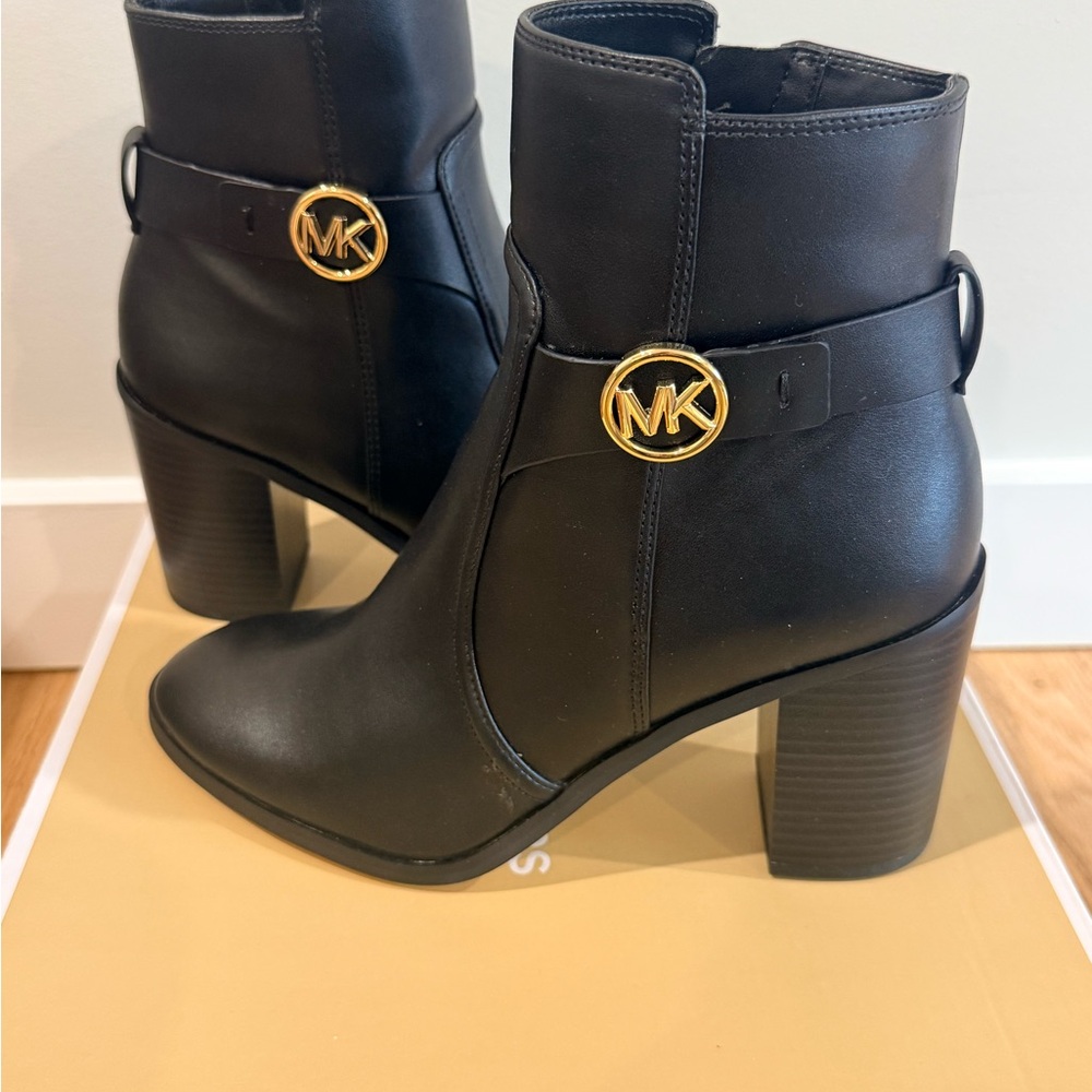 Michael Kors Black Leather Ankle Booties with Gold MK Emblem